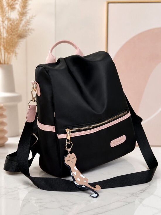 Anti-Theft Convertible Oxford Nylon Backpack Black Pink Cat Charm 3-Way Carry